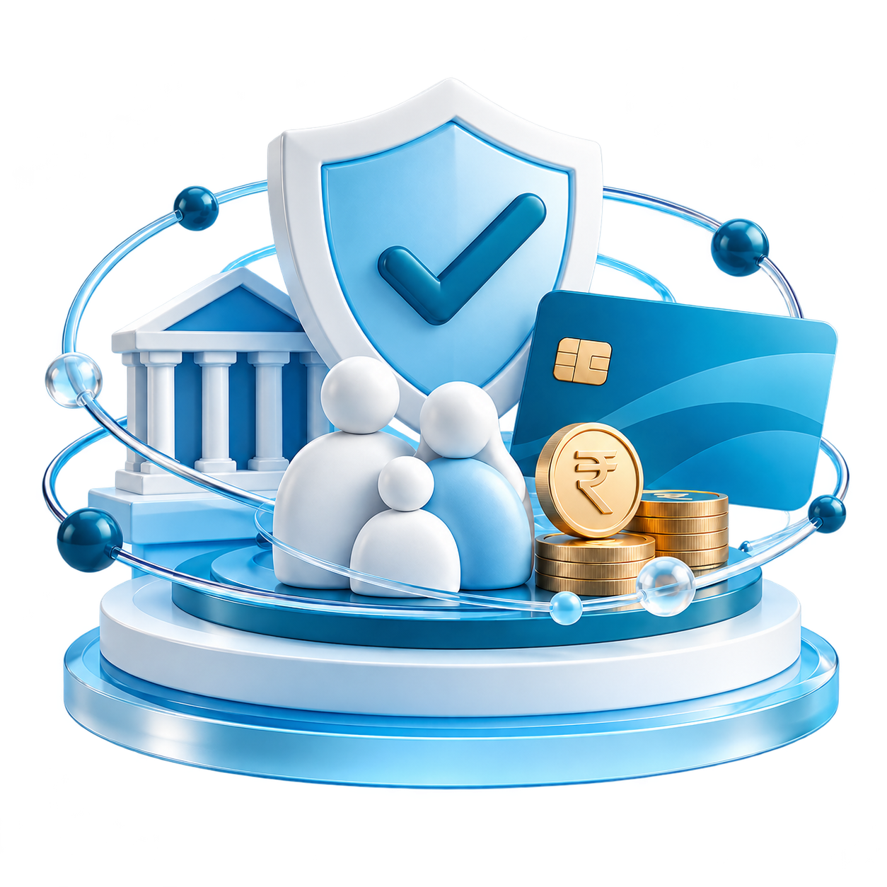 Mogal Group financial services illustration with a security shield, payment card and connected services