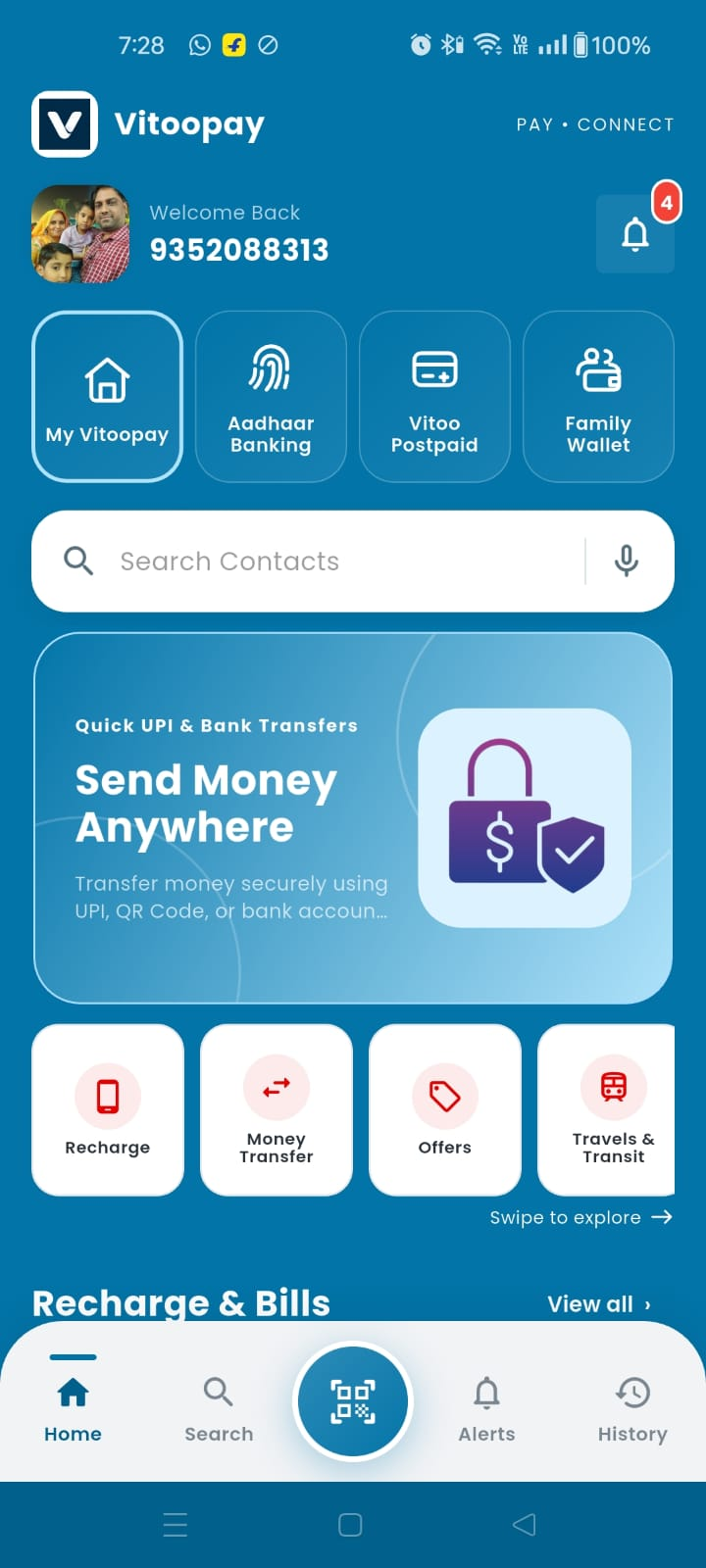Vitoopay app screenshot showing payments, family wallet, transfers and recharge services